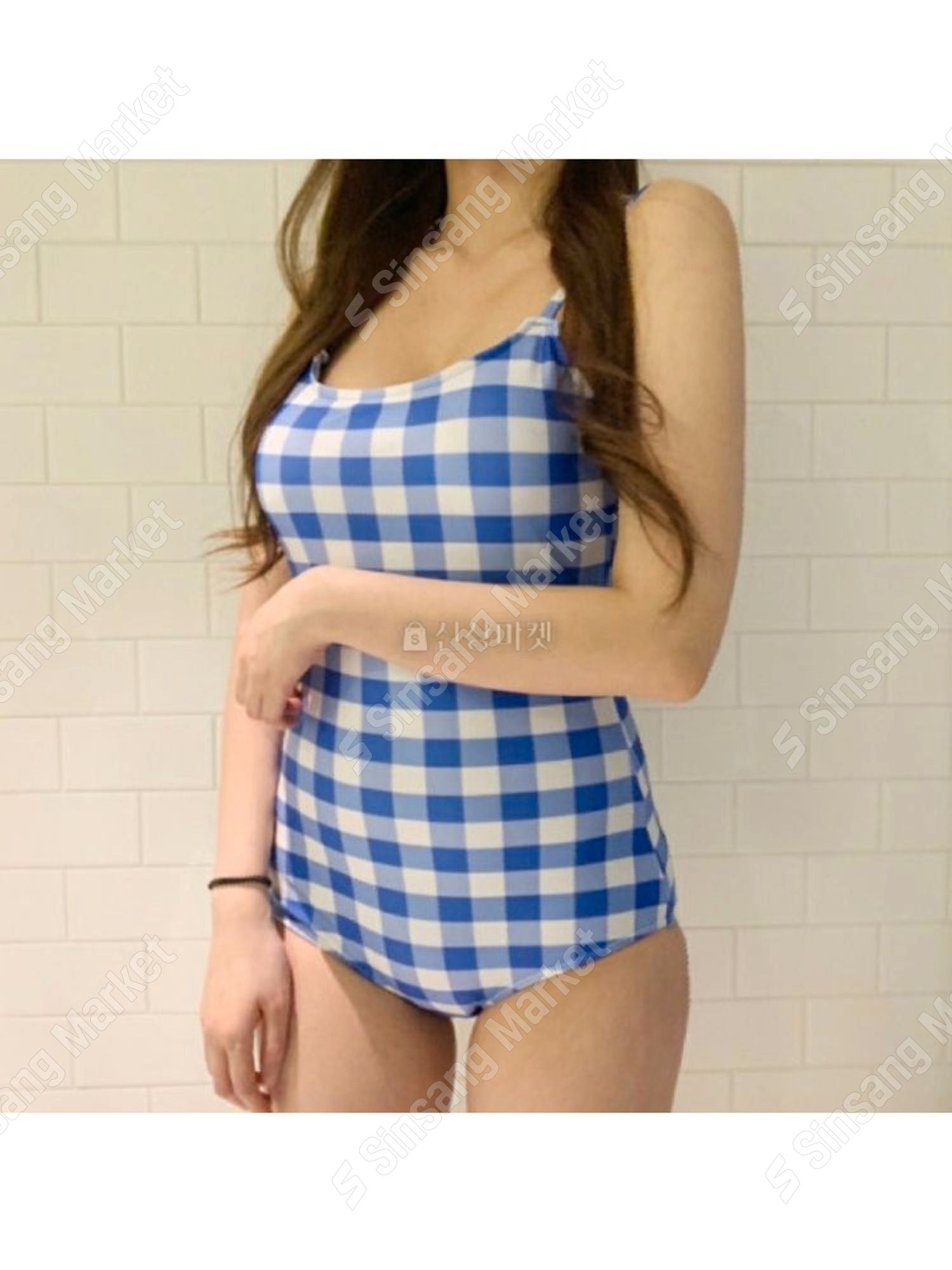 Gingham check monokini one-piece swimsuit bikini monokini short-sleeved suit