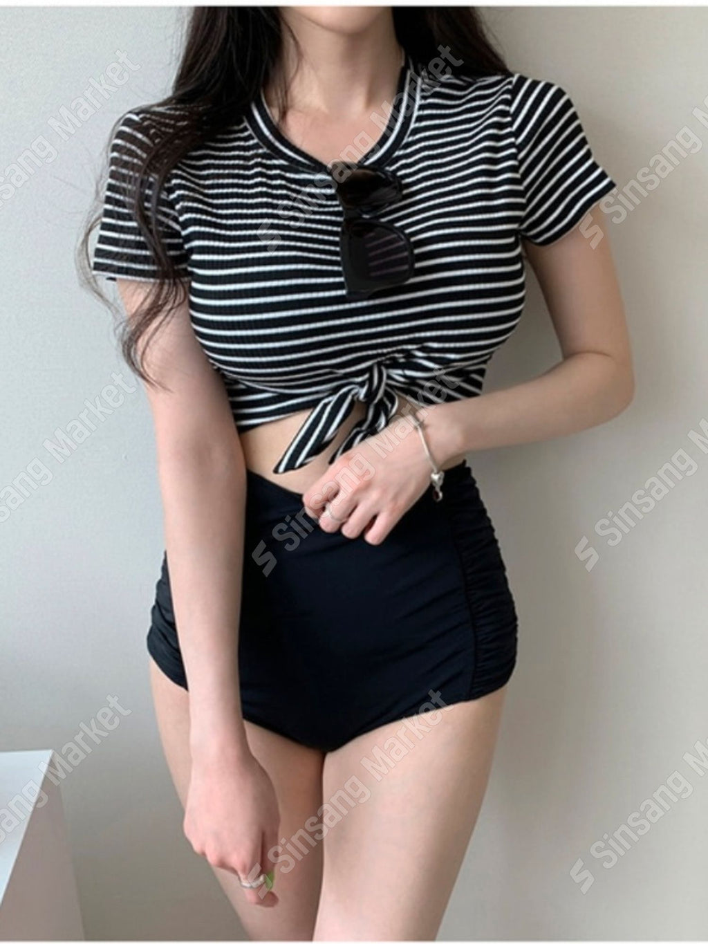 ST2P (New Swimwear Bikini Short-sleeve Striped Monokini Crop)